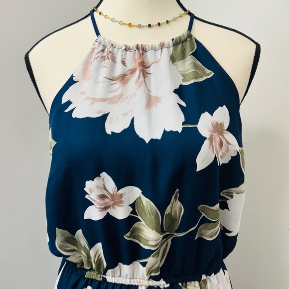 Dynamite Floral Halter Neck Dress Navy and White Sleeveless Elastic Waist M - Picture 3 of 9